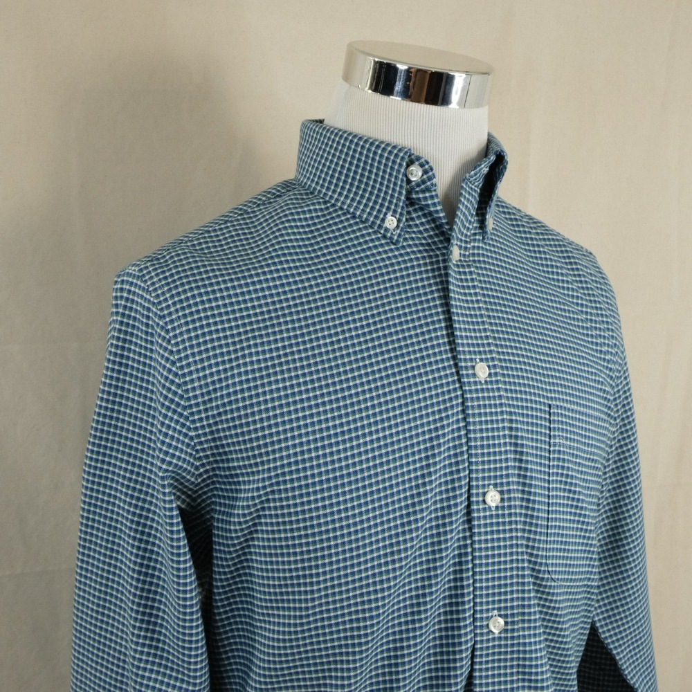 Stafford 15.5 32-33 Fitted Oxford Dress Shirt Blue Green Check Travel Mens